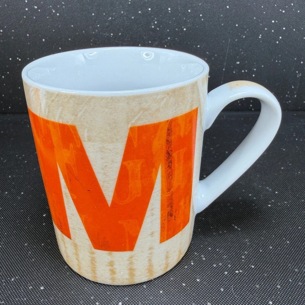 Pier 1 Imports Porcelain Coffee Mug Letter M Monogram Orange Tan Wood Grain 4in